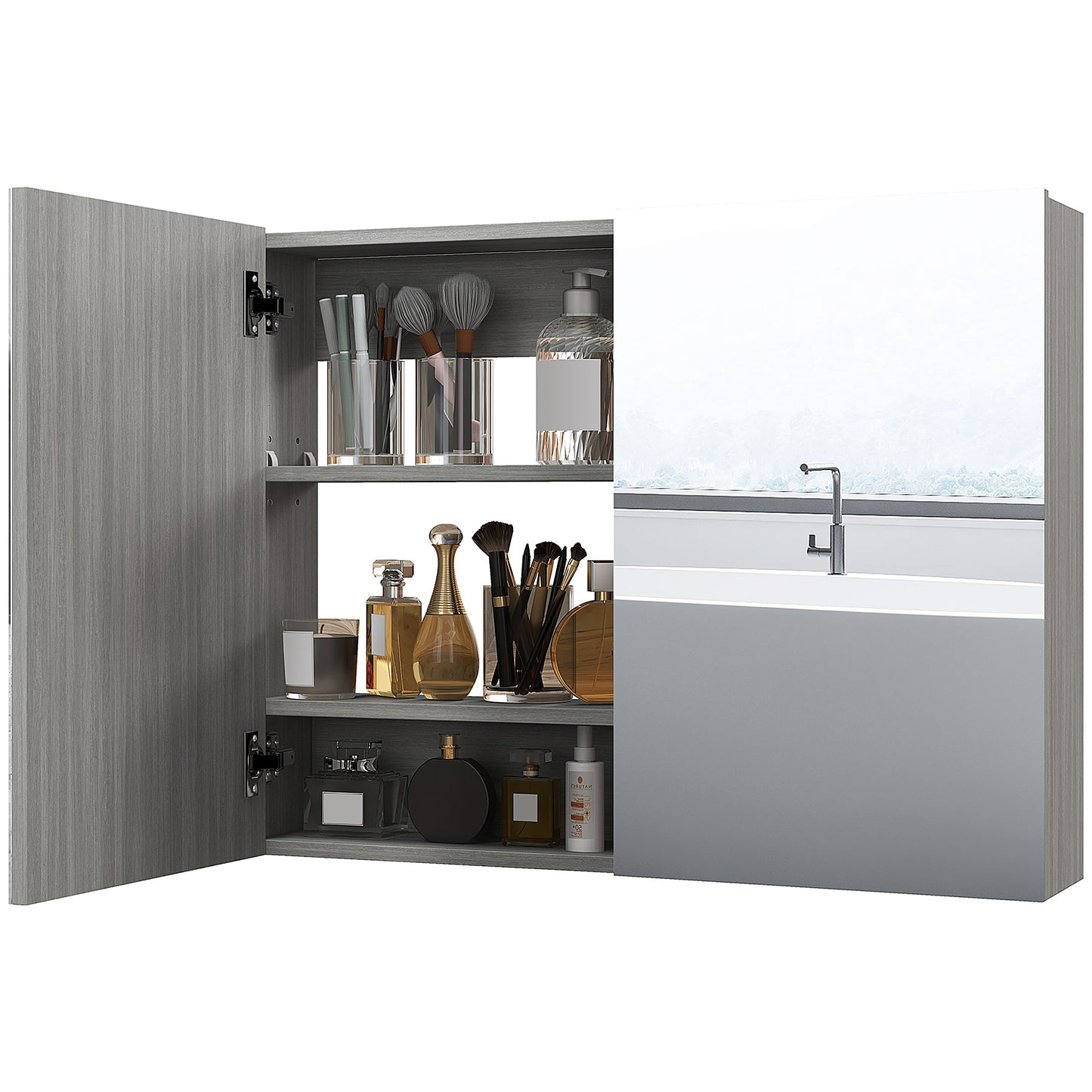 HOMCOM Wall-Mounted Bathroom Mirror Cabinet Double Door Storage Organizer Adjustable Shelf Grey | Dipra Home