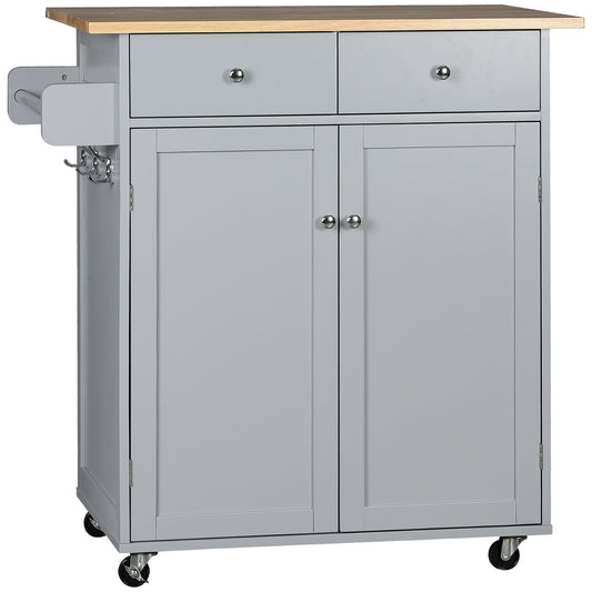 HOMCOM Kitchen Companion: Rolling Island Cart, Utility Serving Trolley, Rubber Wood Top, Towel Rack, Hooks, Storage Drawers, Grey | Dipra Home