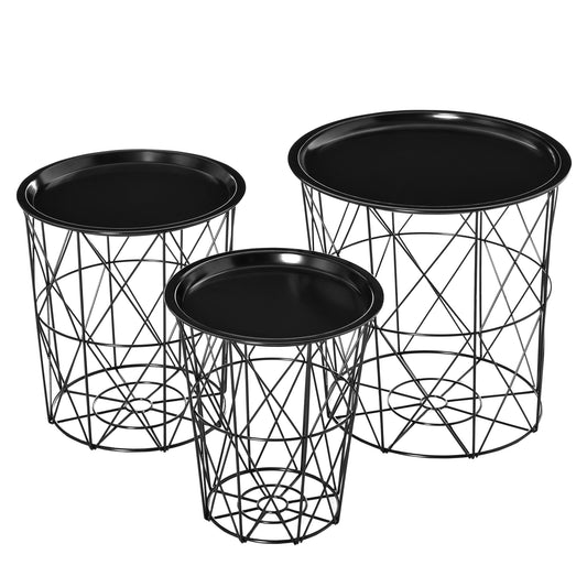 HOMCOM Chic Nesting Tables with Storage: Set of 3 Round Side Tables with Metal Frame, Removable Tray, Sleek Black Finish | Dipra Home