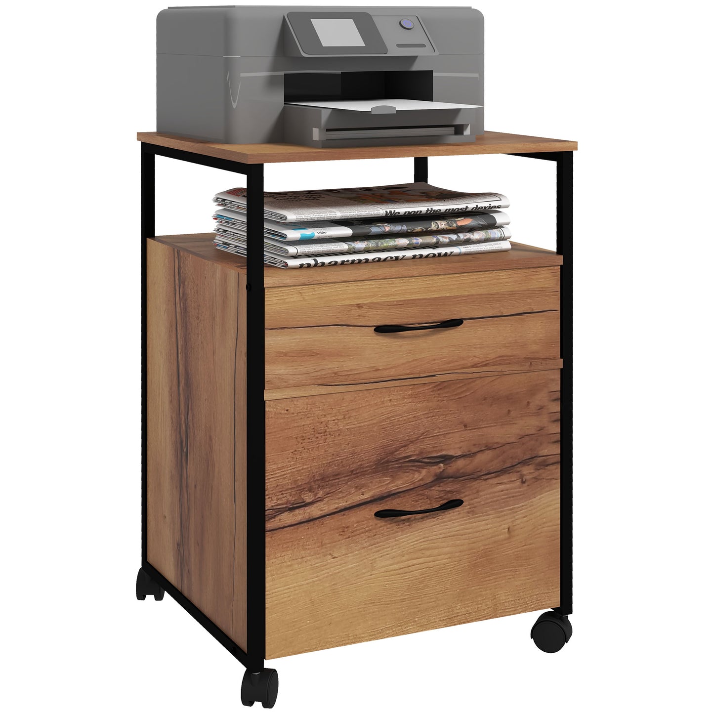 Vinsetto Rustic Mobile File: 2-Drawer Vertical Cabinet with Open Shelf for A4/Letter Document Storage & Organization, Brown Wood | Dipra Home