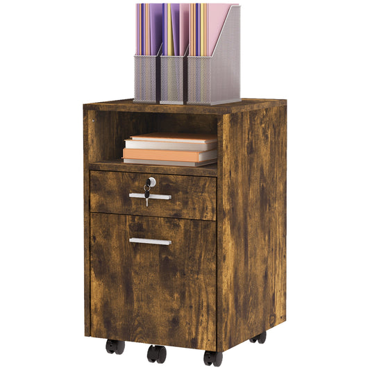 Vinsetto Small Filing Cabinet with 2 Drawers, Lockable Home Office Storage Cabinets on Wheels for A4, Letter Size, Rustic Brown | Dipra Home