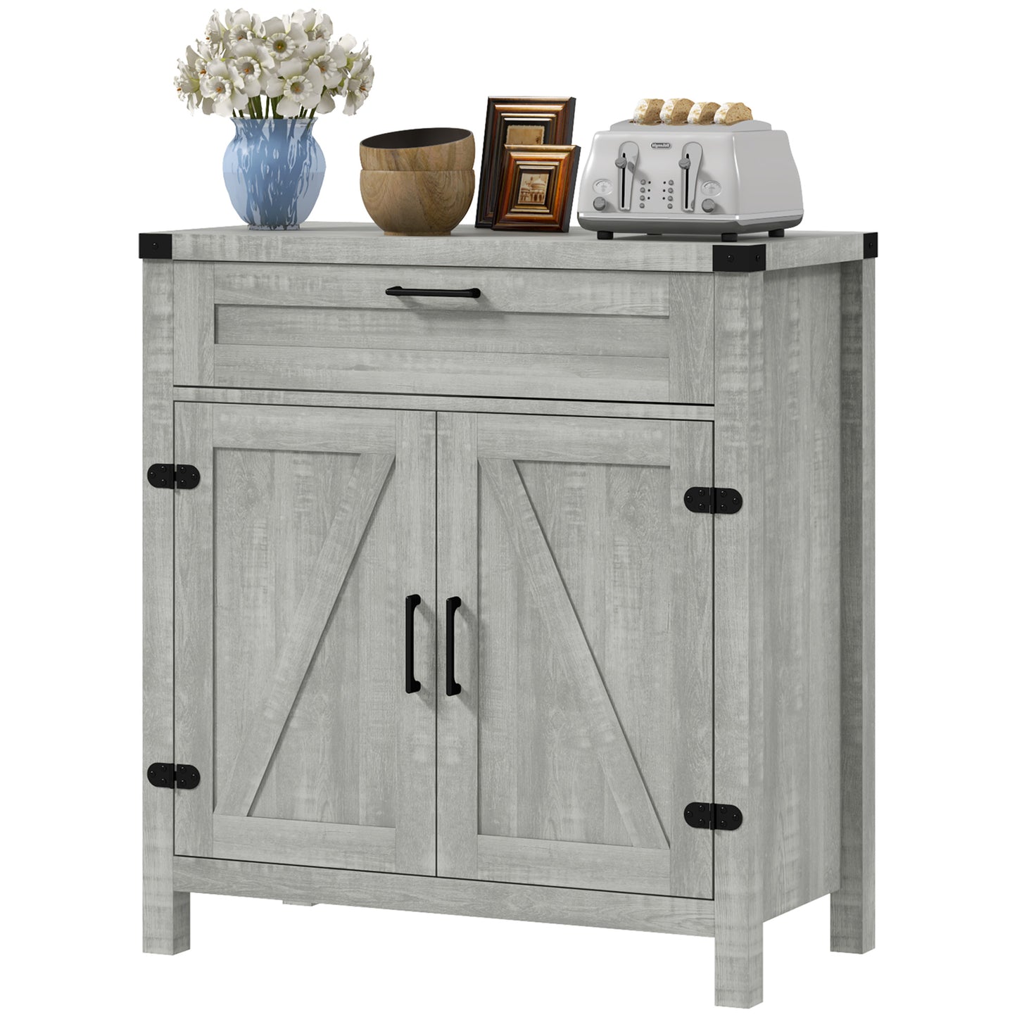 HOMCOM Farmhouse Kitchen Storage Cabinet Sideboard Buffet with 2 Sliding Barn Doors Drawer Grey | Dipra Home