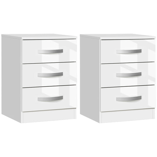 HOMCOM Chic Nightstand Duo: High-Gloss 3-Drawer Bedside Tables for Bedroom and Living Room Storage, White Elegance | Dipra Home