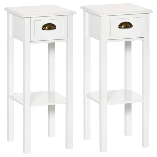 HOMCOM Slender Nightstands: Set of 2 Narrow 2-Tier End Tables with Drawer and Shelf, Slim Wooden Side Tables for Living Room | Dipra Home