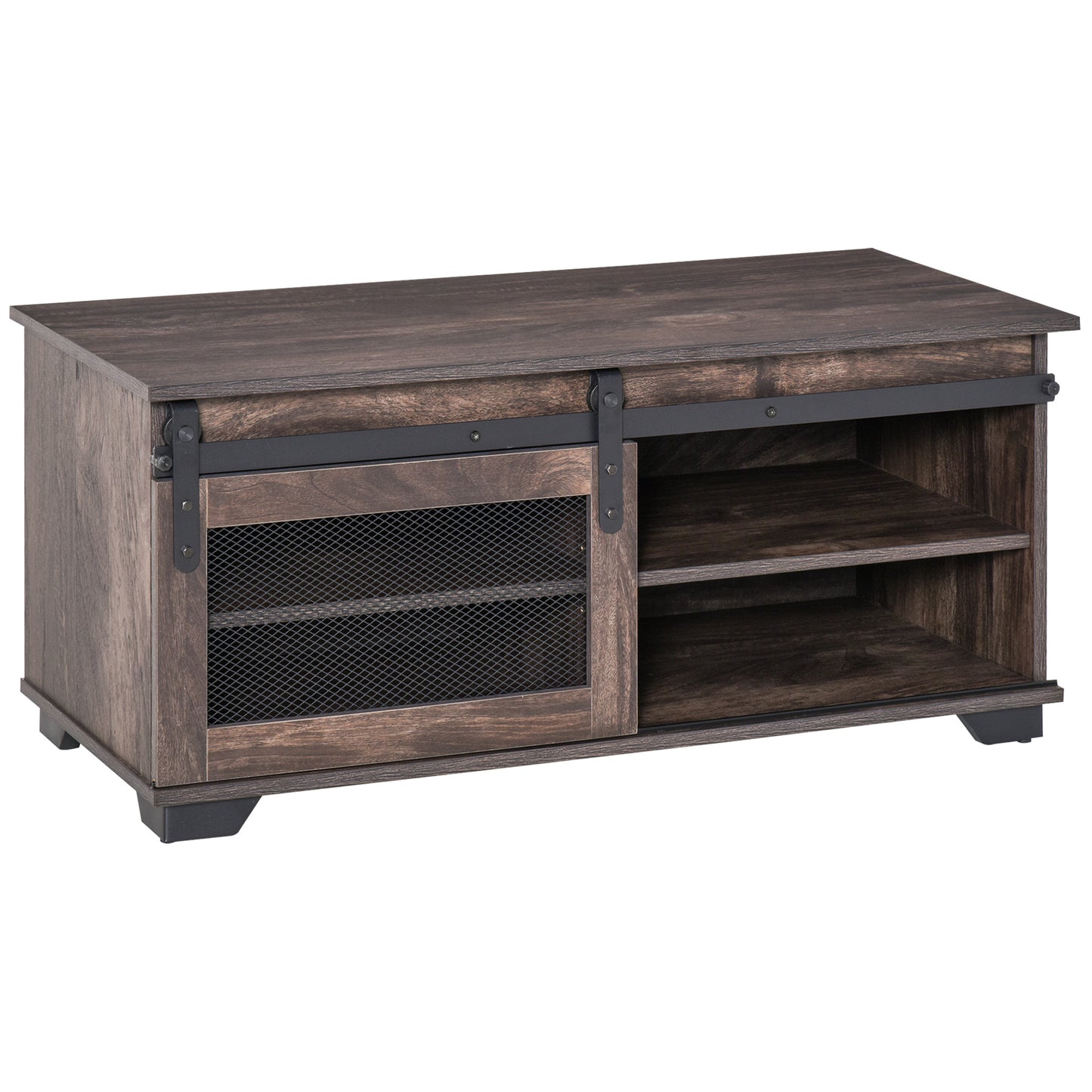 HOMCOM Dark Brown Farmhouse Coffee Table: Industrial Center Table with Sliding Mesh Barn Door, Adjustable Shelf for Living Room | Dipra Home