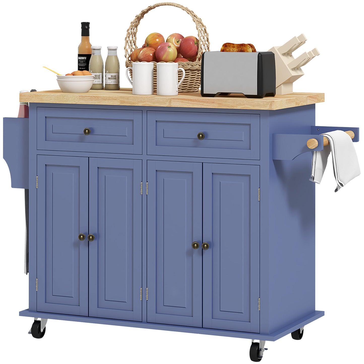 HOMCOM Kitchen Island with Storage, Rolling Trolley Cart with Rubber Wood Top, Spice Rack, Towel Rack, Navy Blue | Dipra Home