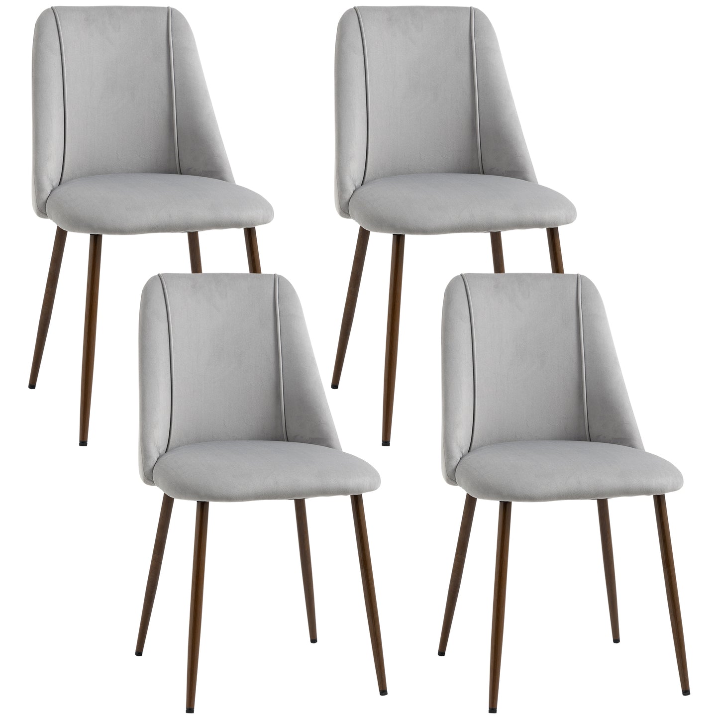 HOMCOM Set of 4 Modern Kitchen Dining Chairs Velvet-touch Upholstery Curved Back Wood-grain Steel Legs Grey | Dipra Home