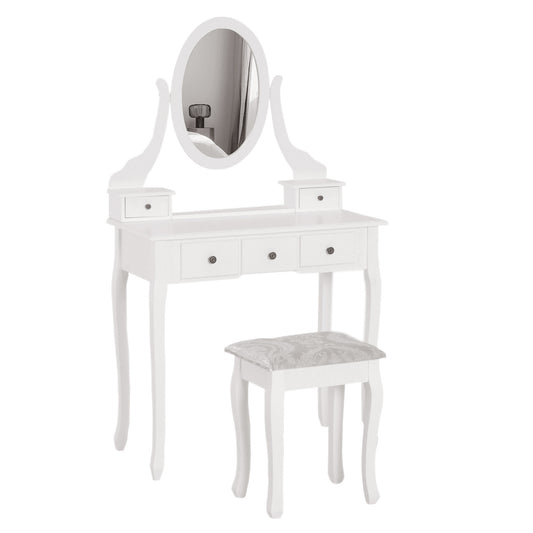 HOMCOM Wooden Vanity Table Set, Makeup Dressing Table with 360° Rotating, 5 Drawers and Padded Stool, White | Dipra Home