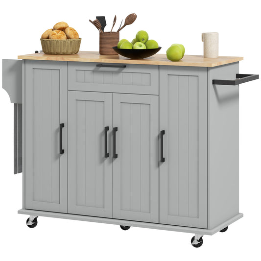 HOMCOM Modern Rolling Kitchen Island Cart with Drawers, Natural Wood Top, Towel Rack, Door Storage Cabinet, Grey | Dipra Home