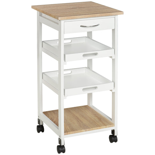 HOMCOM Culinary Caddy: 4-Tier Serving Trolley Kitchen Cart with Drawer, Pull Out Trays, Rolling Wheels for Dining Room, White Finish | Dipra Home