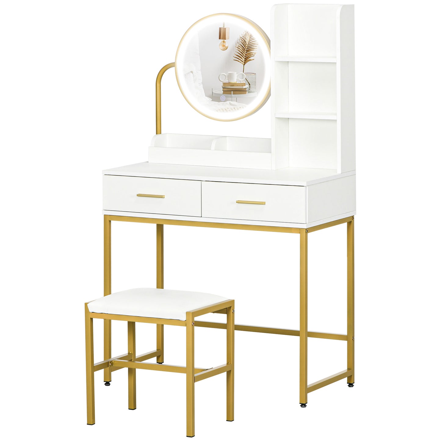 HOMCOM Makeup Vanity Desk Set with Mirror, Stool, LED Lights, Drawers, Shelves, Dressing Table for Bedroom, White | Dipra Home