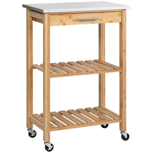 HOMCOM Natural Bamboo Kitchen Cart: Rolling Island with Stainless Steel Top, Drawer, Shelves & Dining Storage | Dipra Home