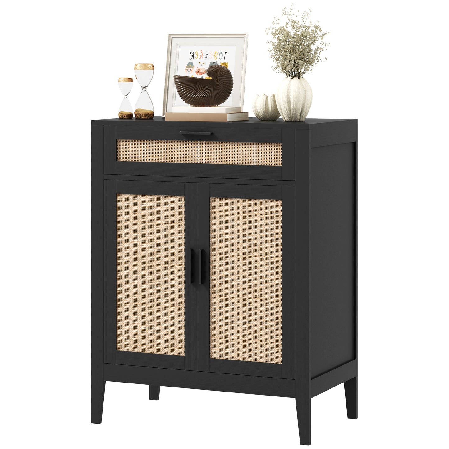 HOMCOM Kitchen Buffet Cabinet Boho Storage Cabinet 2 Rattan Decorated Doors Drawer Dining Room Black | Dipra Home