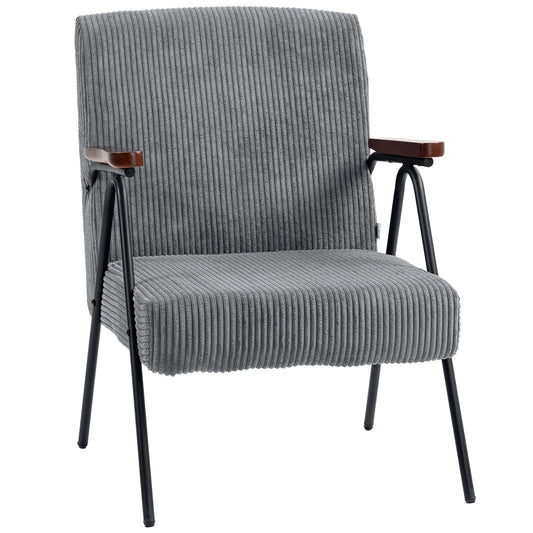 HOMCOM Modern Upholstered Corduroy Accent Armchair with Wood Arms Steel Frame for Living Room Bedroom Grey | Dipra Home