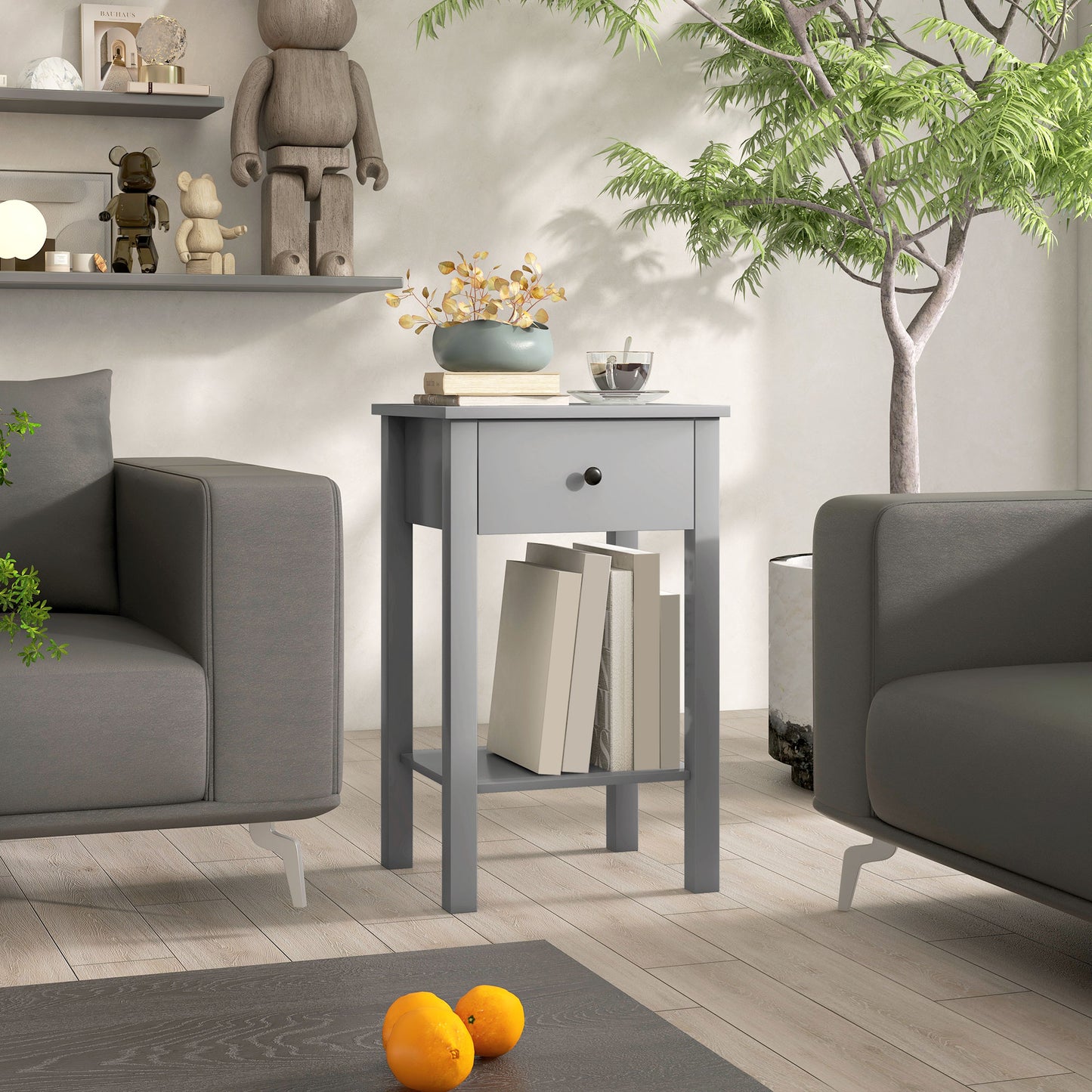 HOMCOM End Tables Set of 2 Side Tables with Drawer Shelf for Bedroom Living Room Grey | Dipra Home