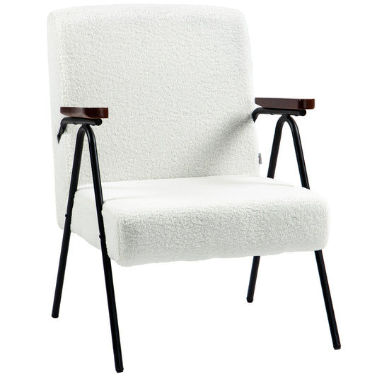 HOMCOM Modern Upholstered Teddy Fleece Accent Armchair with Wood Arms Steel Frame for Living Room Bedroom White | Dipra Home