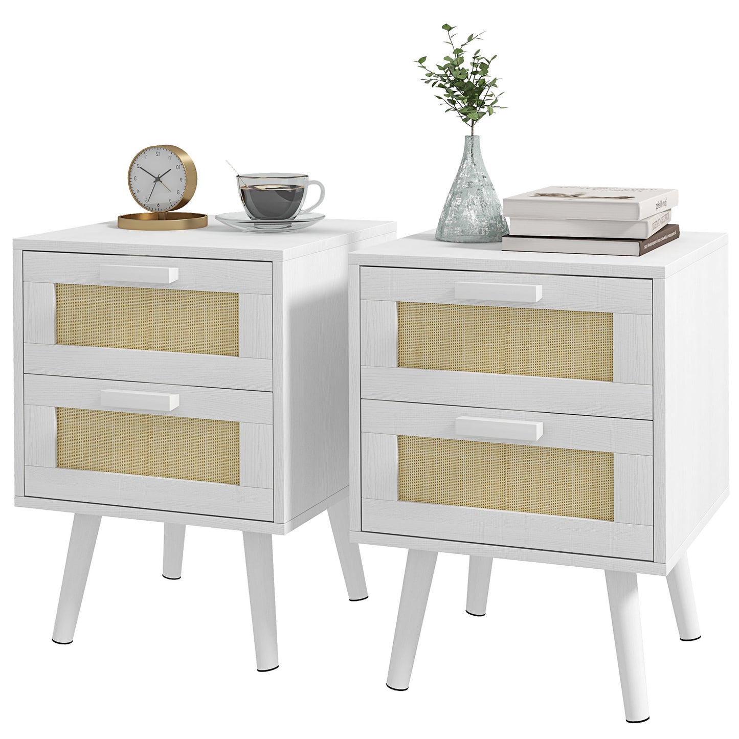 HOMCOM Boho Nightstands Set of 2 Bedside Tables 2 Drawers Living Room Bedroom Furniture White | Dipra Home