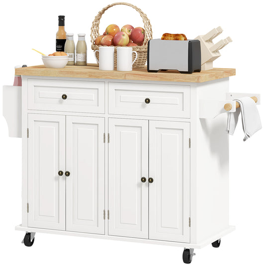 HOMCOM Kitchen Island with Storage, Rolling Trolley Cart with Rubber Wood Top, Spice Rack, Towel Rack, Cream White | Dipra Home