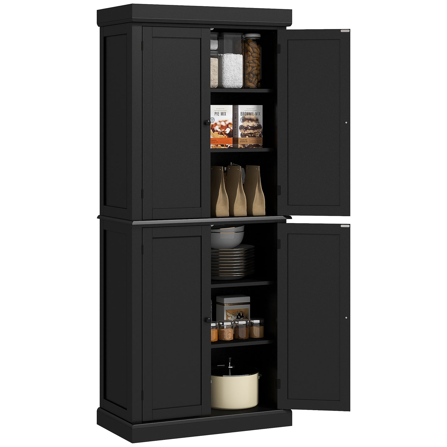 HOMCOM Black Modern Pantry Cabinet: Freestanding 4-Door Kitchen Storage Organizer with 6-Tier and 4 Adjustable Shelves | Dipra Home