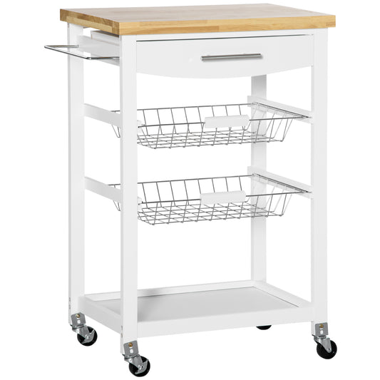 HOMCOM Culinary Cruiser: 3-Tier Kitchen Cart with Handle Bar, Steel Basket, Rolling Food Storage Trolley, Wheels, Rubber Wood Top | Dipra Home