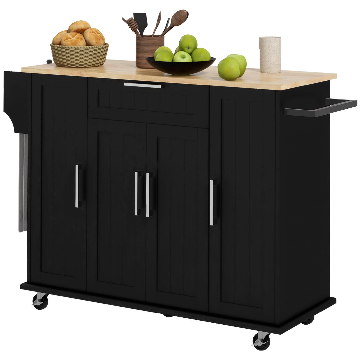 HOMCOM Modern Rolling Kitchen Island Cart with Drawers, Natural Wood Top, Towel Rack, Door Storage Cabinet, Black | Dipra Home