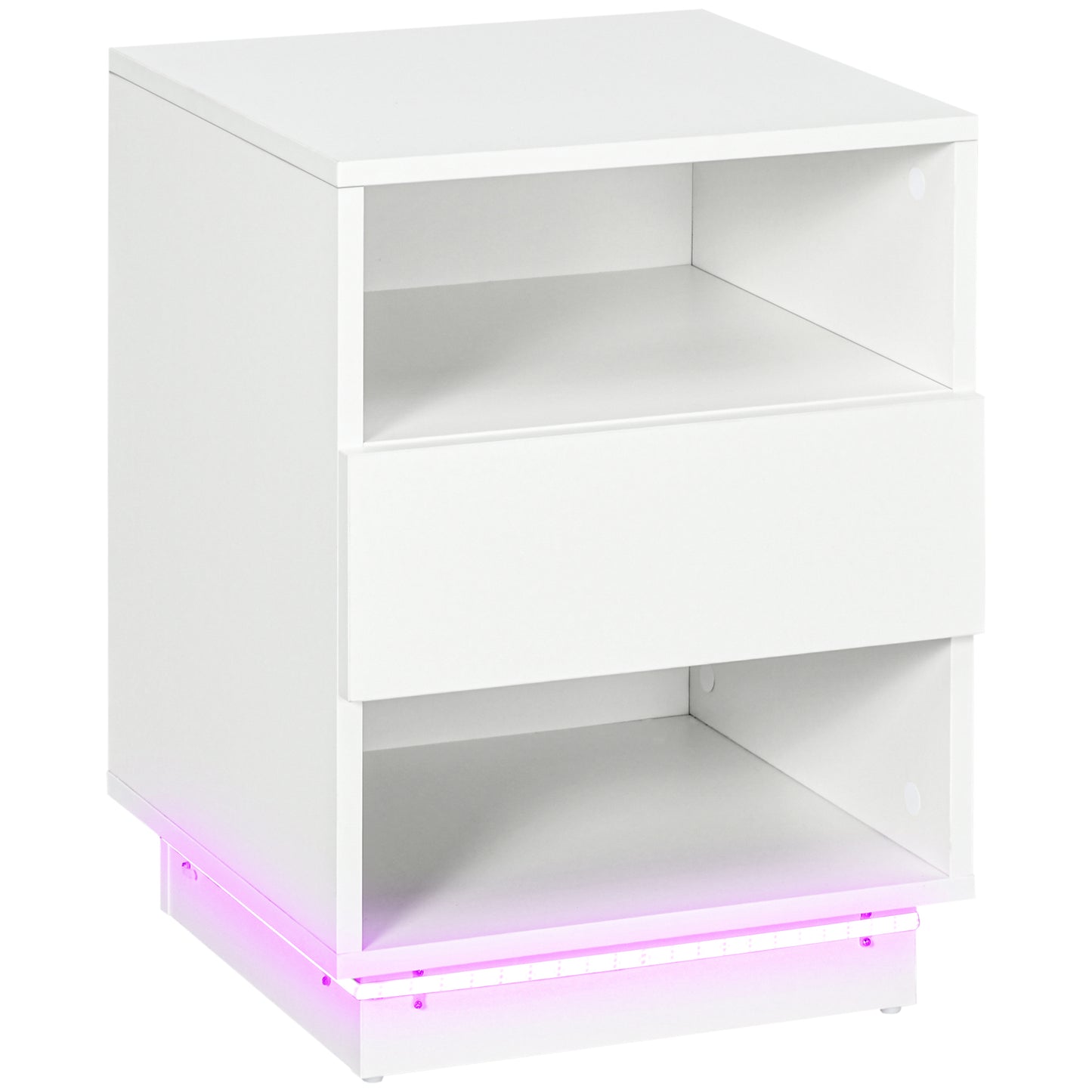 HOMCOM LED Nightstand: High Gloss Drawer, Shelves, Remote Control, Modern Bedside Table, Bedroom/Living Room, White | Dipra Home