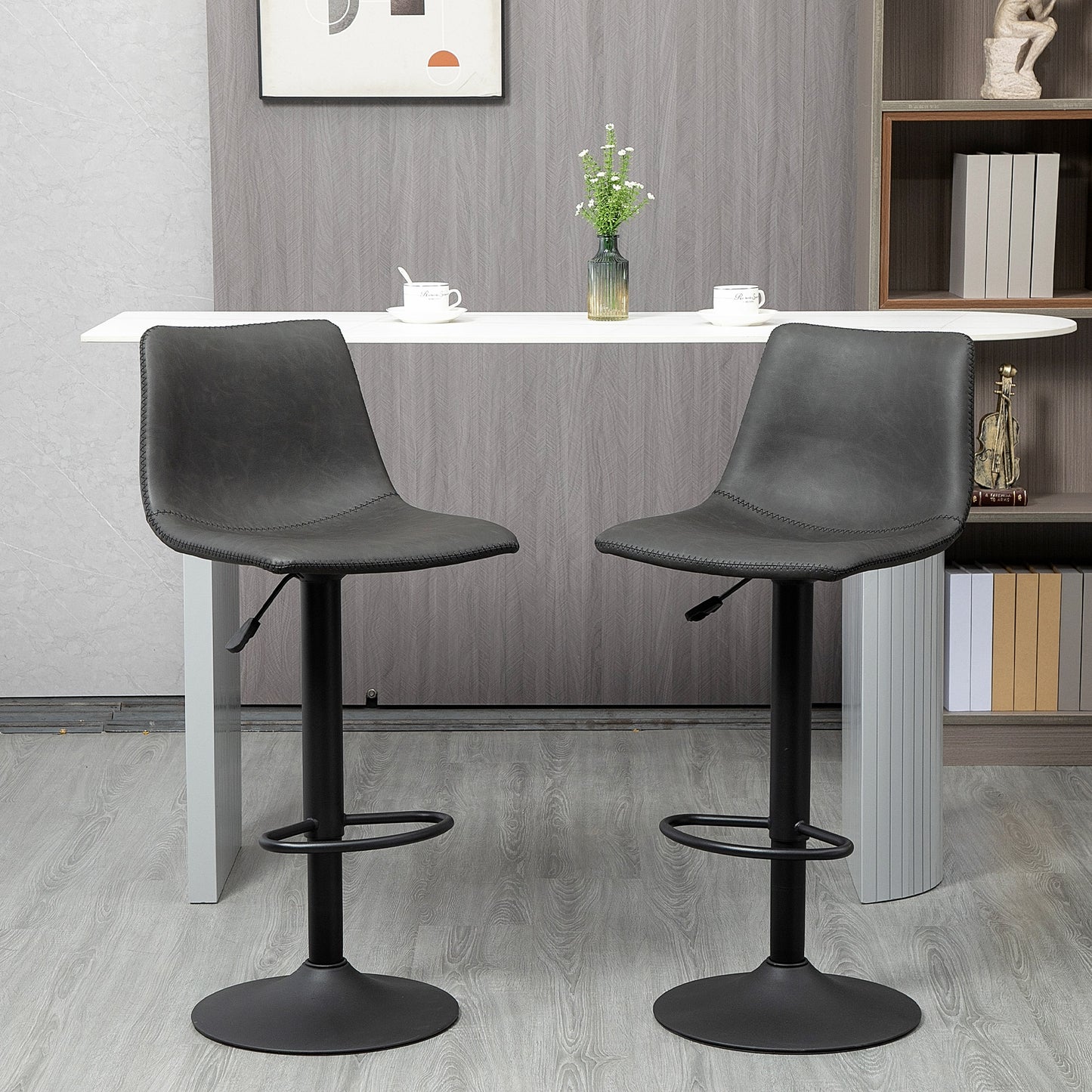 HOMCOM Swivel Seating : Adjustable Height Bar Stools Set of 2, 360° Swivel Vintage Leather Grey Kitchen Counter Chairs with Backs | Dipra Home