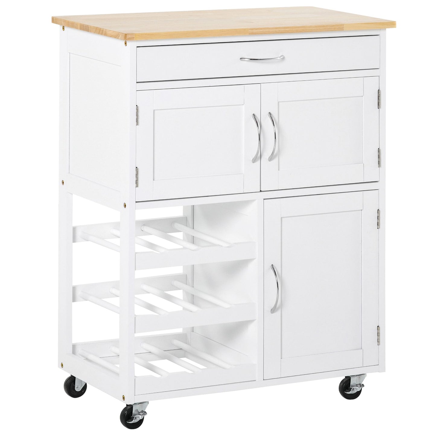 HOMCOM Kitchen Island on Wheels with Storage Drawer 9-bottle Wine Rack Cabinet Wooden Countertop White Rolling Cart | Dipra Home