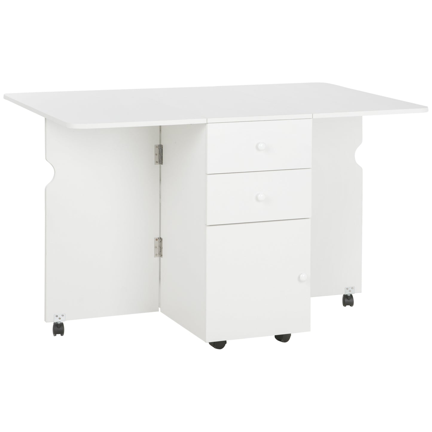 HOMCOM Extendable Drop Leaf Dining Table with 2 Drawers Cabinet 6 Wheels for Small Spaces Kitchen White | Dipra Home