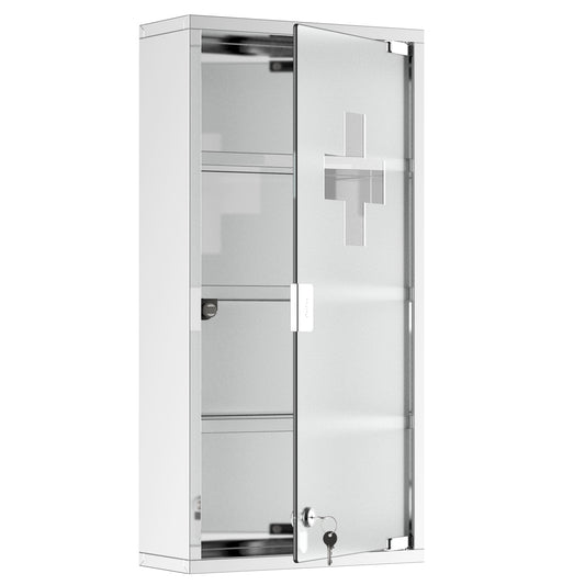 HOMCOM Secure Medicine Vault: Lockable 4-Tier Wall-Mounted First Aid Cabinet with Frosted Glass Door, Stainless Steel Frame | Dipra Home