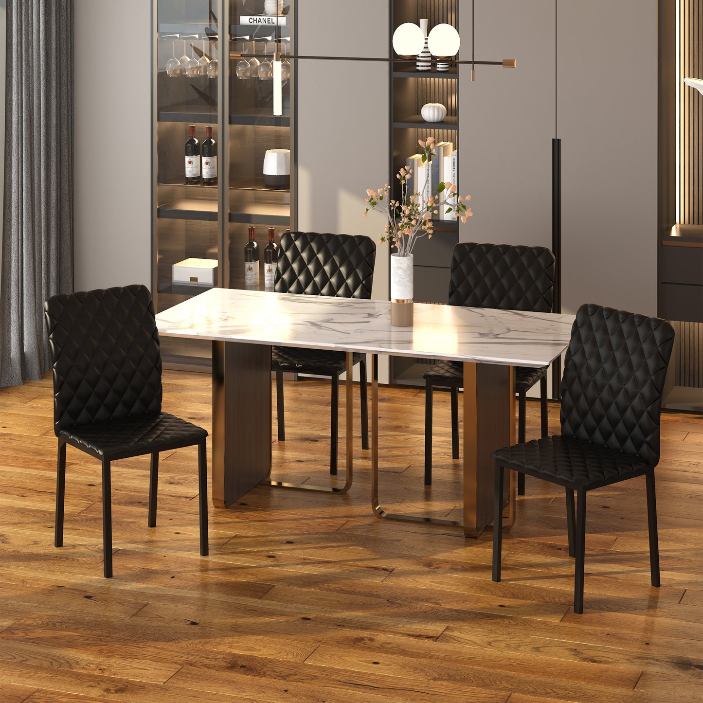 HOMCOM Set of 4 Black Modern Dining Chairs Upholstered Faux Leather with Metal Legs for Kitchen | Dipra Home