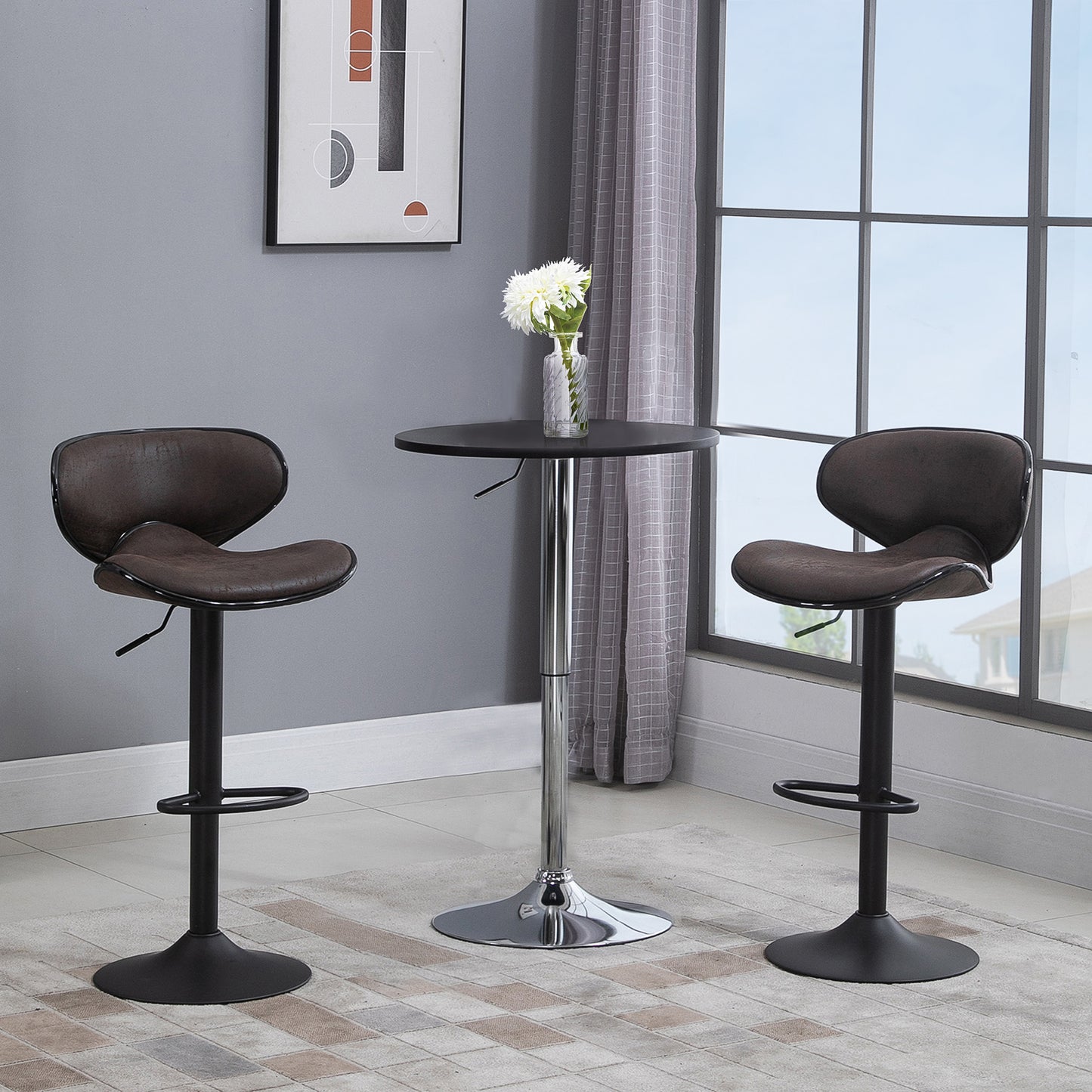 HOMCOM Set of 2 Vintage Bar Stools Microfiber Cloth Adjustable Height Swivel Seat Armless Chairs Dark Brown | Dipra Home