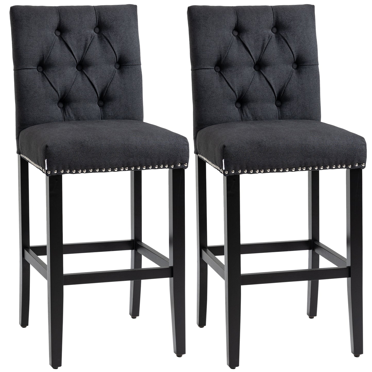 HOMCOM Tufted Fabric Bar Stool Set: 2 Tall 29.5" Stools with Wood Legs, Dark Grey | Dipra Home