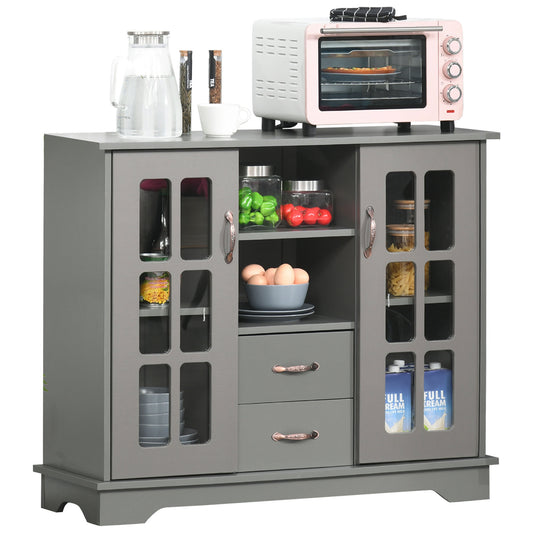 HOMCOM Elegant Grey Sideboard: Coffee Bar Cabinet with 2 Drawers, Glass Doors & Open Shelf for Stylish Kitchen Storage | Dipra Home