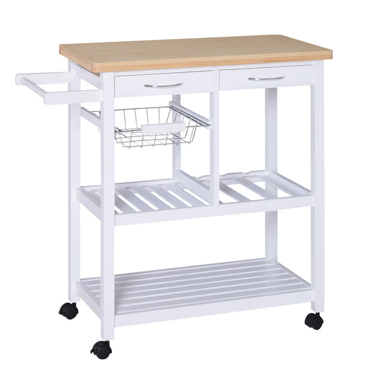 HOMCOM Rolling Kitchen Trolley: White Wooden Island Cart with Wine Rack, Storage Drawers & Mobility | Dipra Home