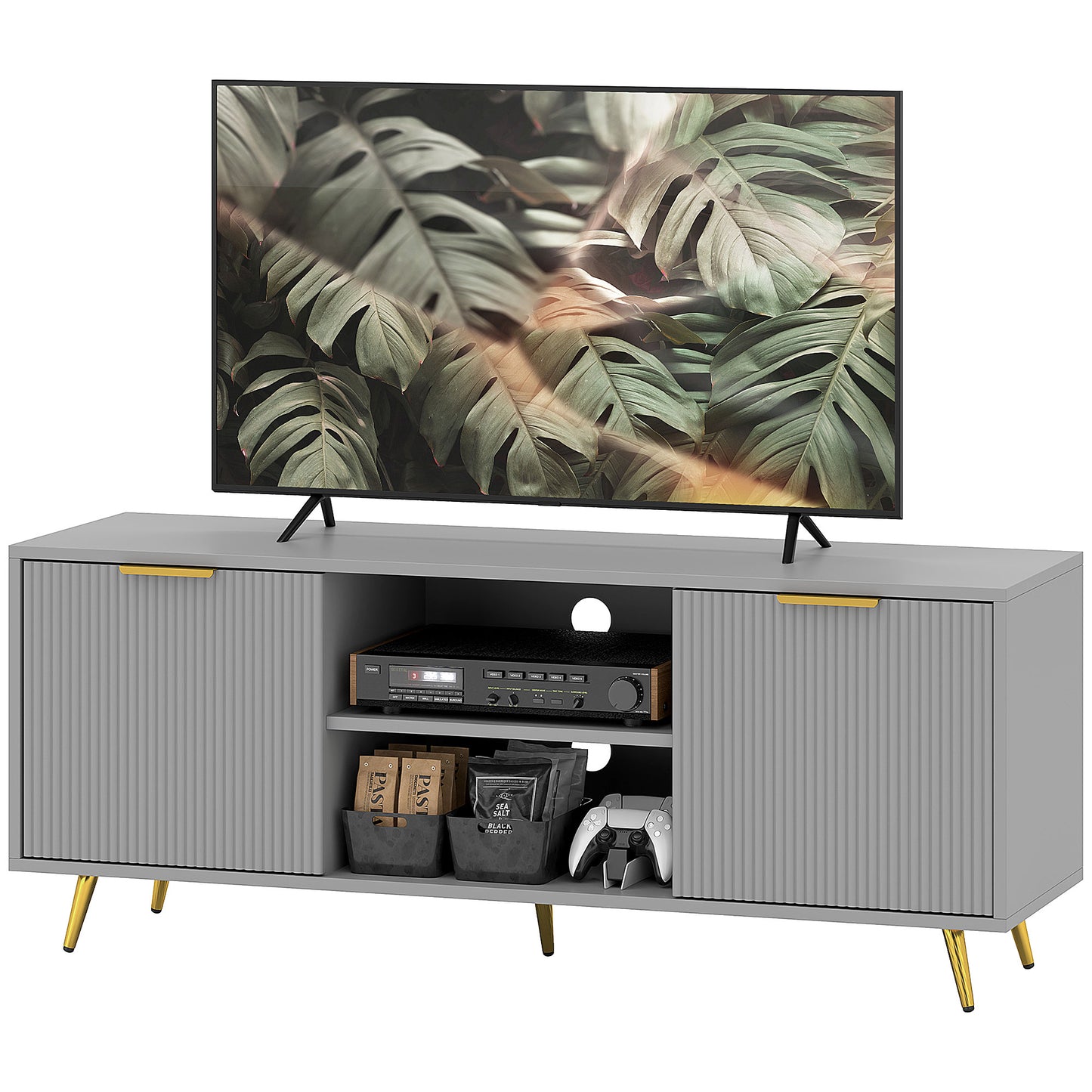 HOMCOM TV Stand with Storage for 55 Inch TV, Modern TV Cabinet with 2 Open Shelves and 2 Cabinets for Living Room, Grey | Dipra Home