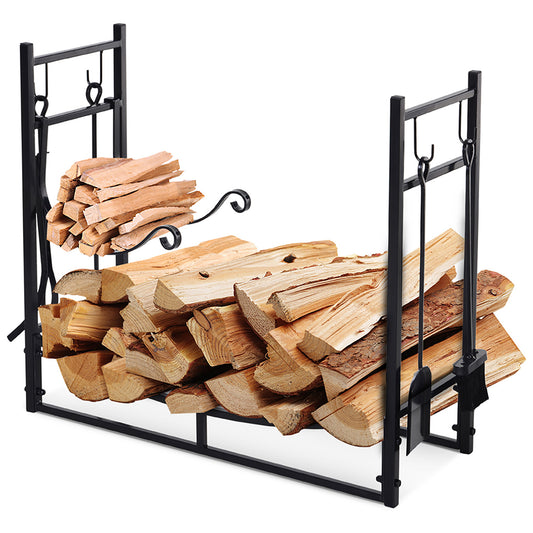 Outsunny 33" 2-Tier Firewood Rack with Tools, Fireplace Wood Storage, Includes Shovel, Broom, Poker, Tongs | Dipra Home