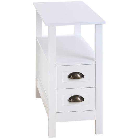 HOMCOM Slim End Table: White with 2 Drawers & Storage Shelf for Compact Living Room & Bedroom Spaces | Dipra Home