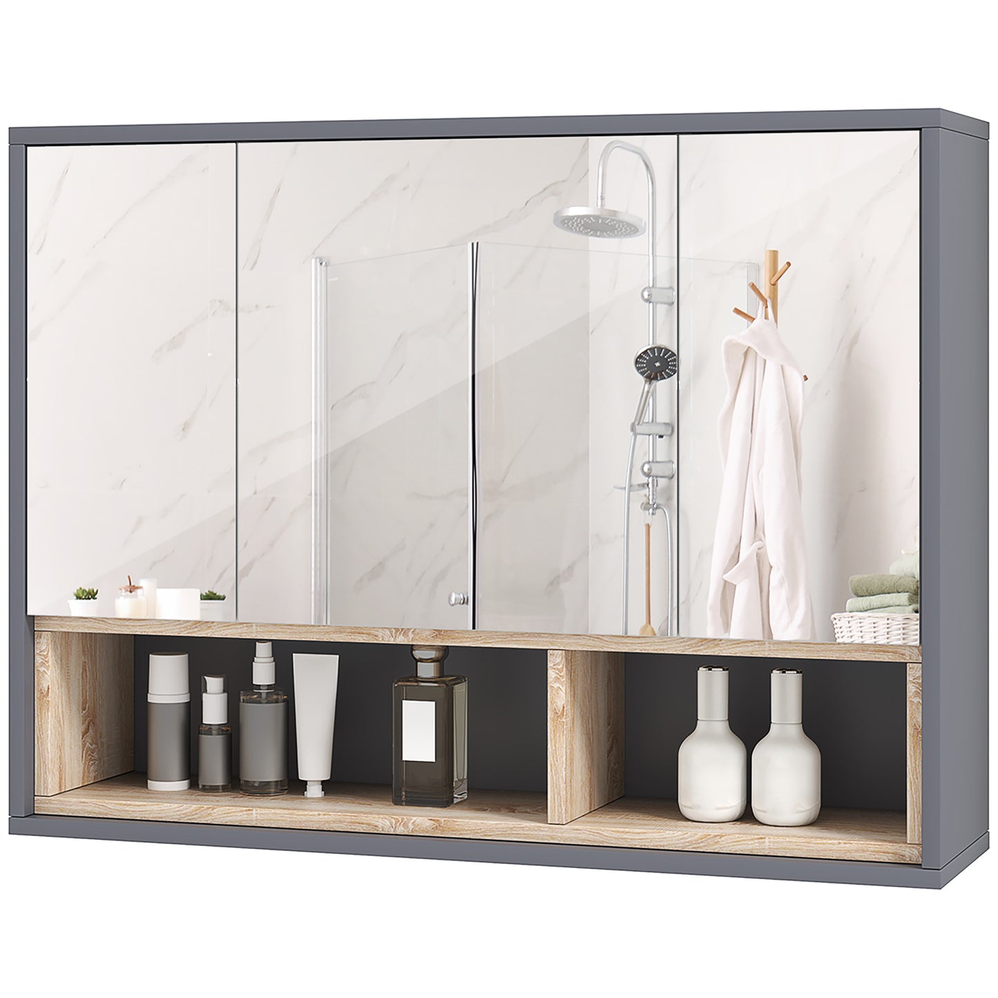 HOMCOM Wall Mounted Bathroom Medicine Cabinet with Mirror and Shelves, Grey | Dipra Home