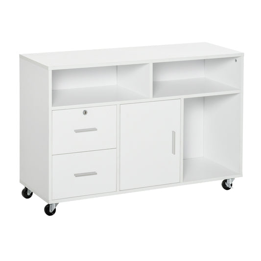 HOMCOM Mobile Printer Stand: File Cabinet with Lockable Drawer & Casters for Home Office, White | Dipra Home