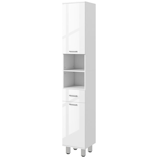 kleankin Tall Bathroom Cabinet: Narrow Unit with Open Shelves, 2 Doors & Toilet Paper Storage, White | Dipra Home