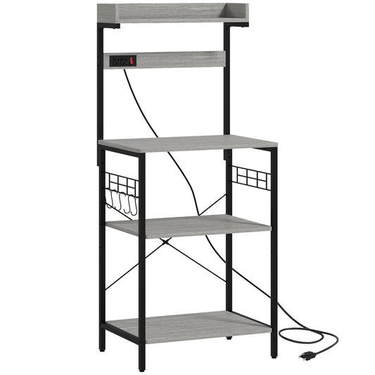 HOMCOM Baker's Rack with Power Outlet Coffee Bar Station Adjustable Shelves Hooks Distressed Grey Metal Wood | Dipra Home