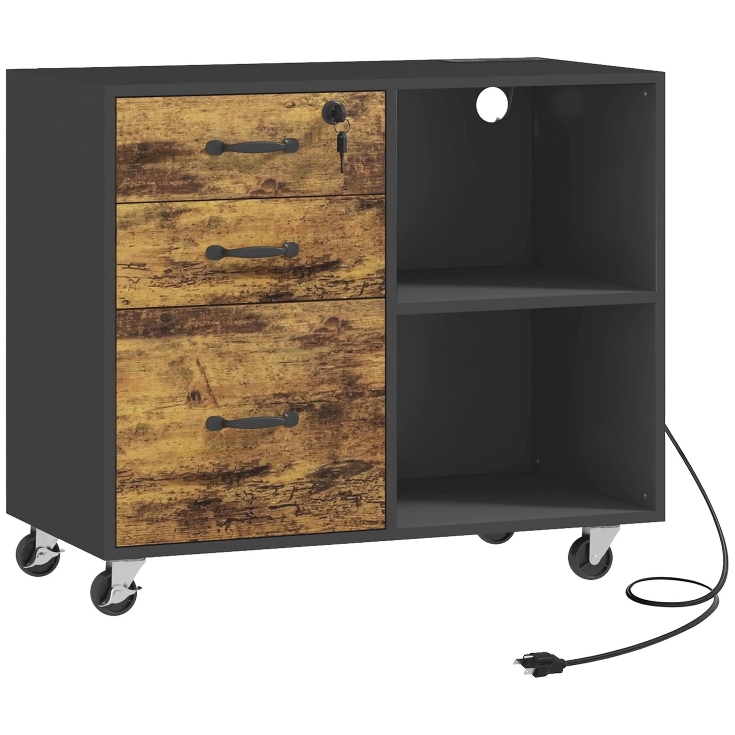 HOMCOM Mobile Printer Stand: USB Charging, Locking Cabinet for A4/Letter Size, Rustic Brown/Black | Dipra Home