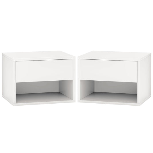 HOMCOM Floating Nightstand Set of 2, Wall Mounted Bedside Table with Drawer for Bedroom, White | Dipra Home