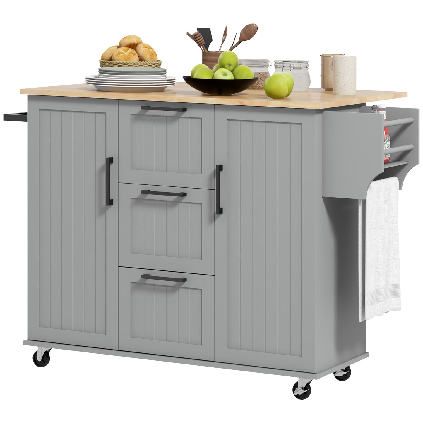 HOMCOM Rolling Kitchen Cart on Wheels with Drop Leaf, Kitchen Island with 3 Drawers, Solid Wood Top and Towel Rack, Grey | Dipra Home