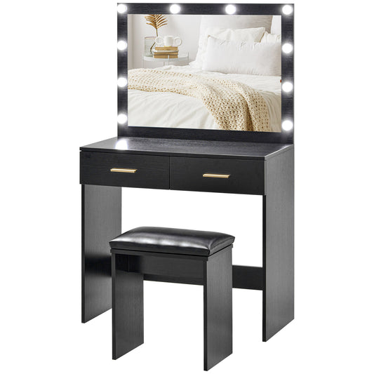 HOMCOM Makeup Vanity Desk Set with Stool, Dressing Table with LED Lighting Mirror, Drawers, for Bedroom, Black | Dipra Home