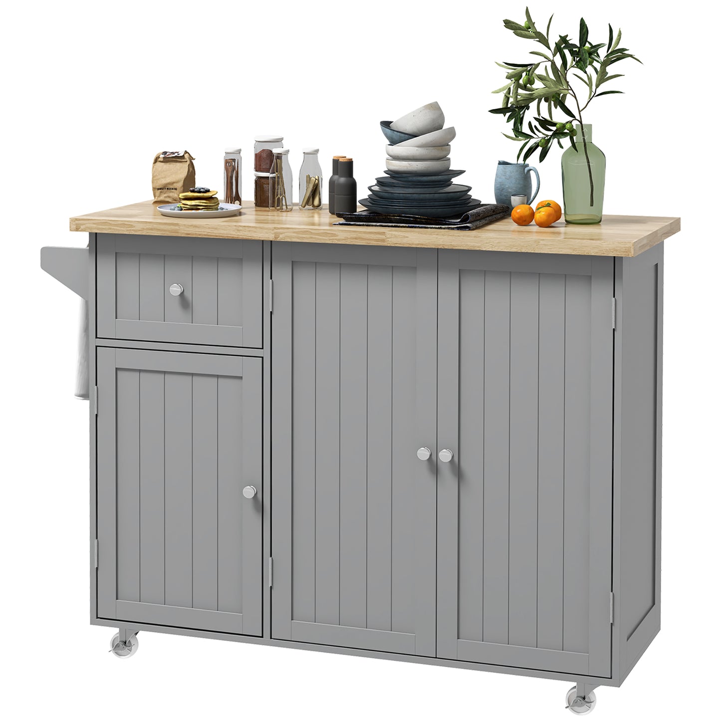 HOMCOM Elegant Mobile Kitchen Station: Rolling Utility Cart with Ample Storage - Drawer, Cabinets, Towel Rack & Rubber Wood Top | Dipra Home