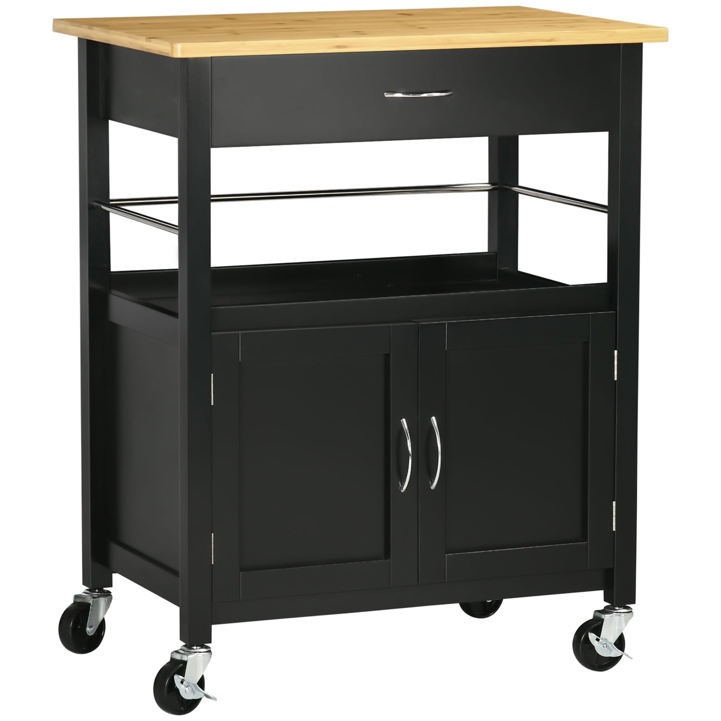 HOMCOM Black Mobile Utility Trolley: Kitchen Island Cart with Drawer, Side Hooks & Dining Room Storage | Dipra Home