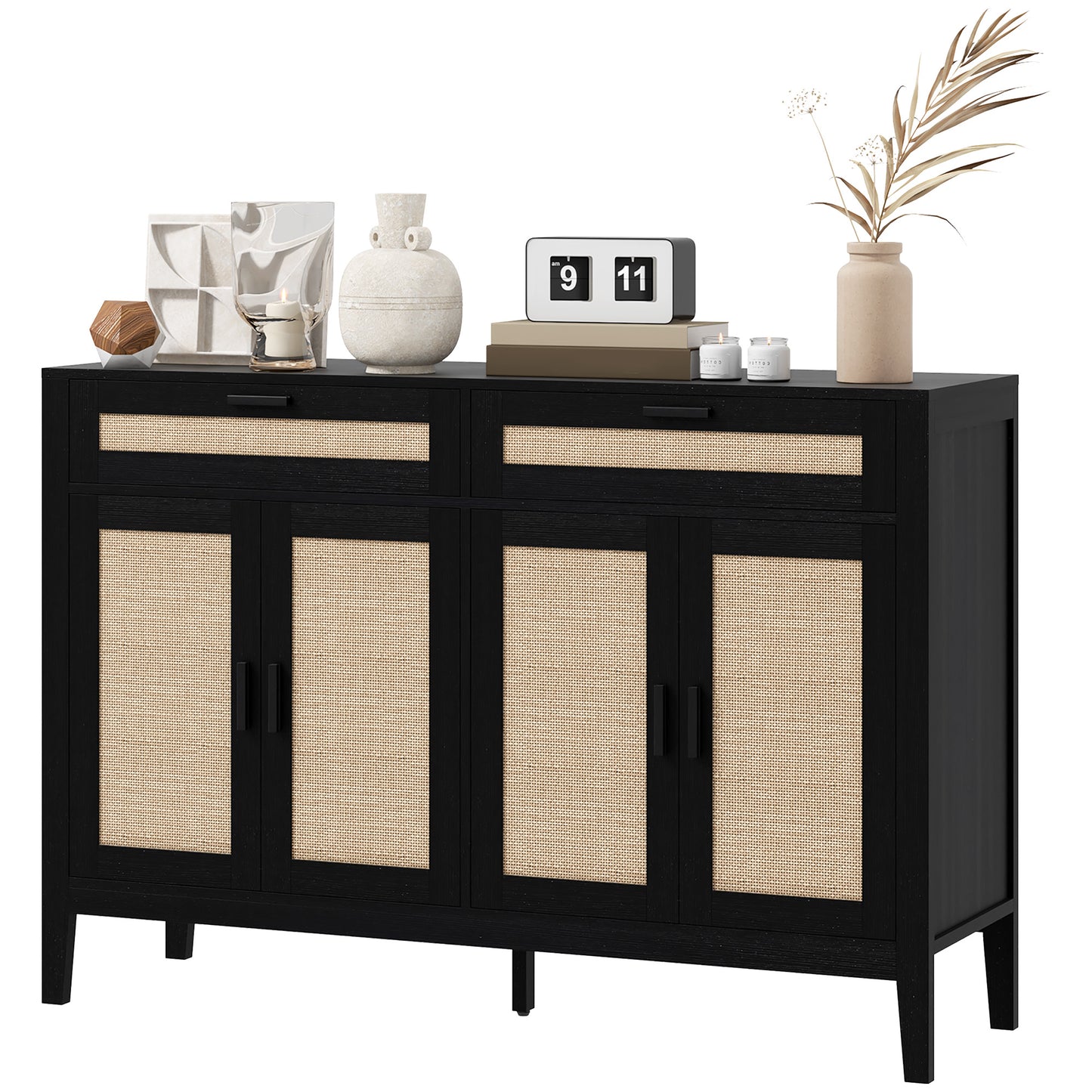 HOMCOM Kitchen Sideboard Cabinet, Boho Buffet Table with Decorative Rattan Doors and Drawers for Dining Room, Black | Dipra Home