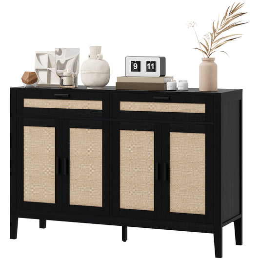 HOMCOM Kitchen Sideboard Cabinet, Boho Buffet Table with Decorative Rattan Doors and Drawers for Dining Room, Black | Dipra Home